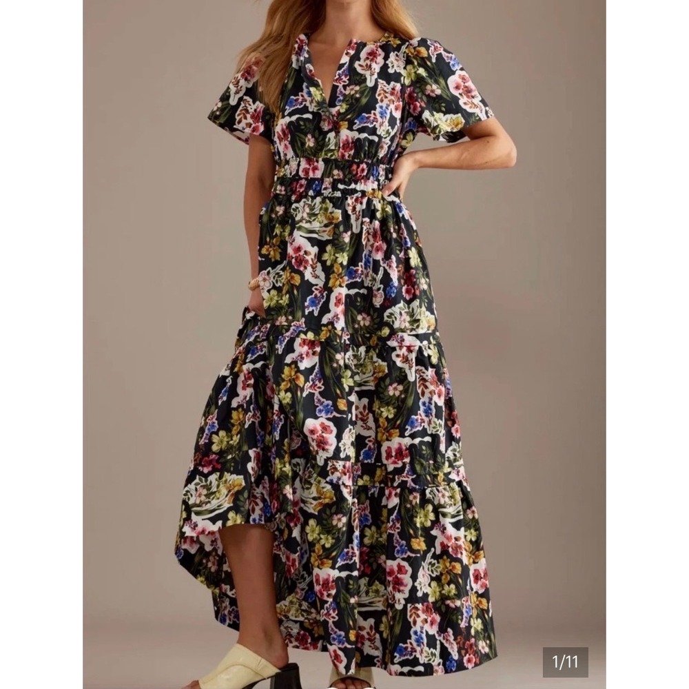 Anthropologie Somerset Maxi Dress Floral Smocked Waist Tiered Black Multi Size S